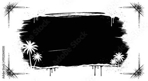 Black brushstroke frame with palm trees and starburst corners white background