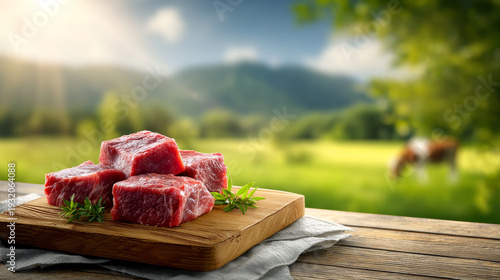 Fresh meat on a wooden board. Pieces of fresh meat are arranged on a wooden board outdoors with green hills and a horse in the background.