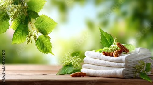 Towels, leaves, and caterpillars. Fresh towels rest on a wooden surface among green leaves and small caterpillars during a sunny day outdoors.