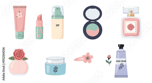 Various beauty and cosmetic products are displayed in a charming flat illustration style, showcasing a range of skincare, makeup, and fragrance items for personal care.
