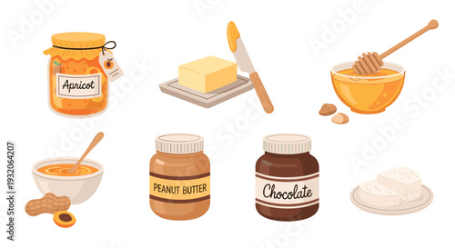 Delicious breakfast spreads, condiments, and toppings are neatly arranged, including jam, butter, honey, peanut butter, chocolate, and cheese, perfect for a morning meal.