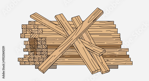 A stylized vector illustration depicting a neatly stacked pile of light brown wooden planks, with some arranged perpendicularly on top.