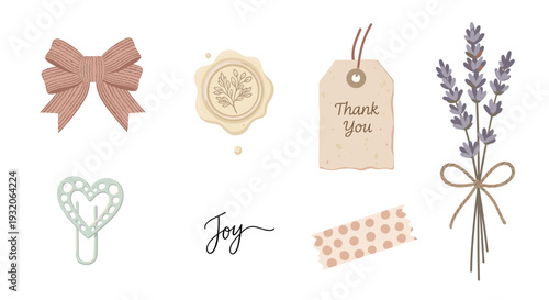 Charming collection of decorative elements including a bow, wax seal, and lavender bunch, perfect for crafting and scrapbooking projects.