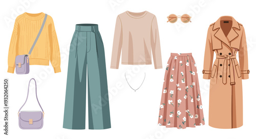 Women's clothing and accessories collection displayed neatly for fashion inspiration, featuring various stylish garments and complementary items for modern wardrobes.