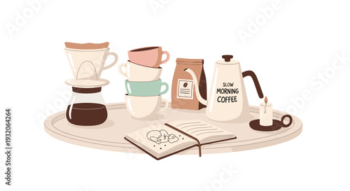 Coffee brewing equipment, cups, and accessories arranged on a tray for a relaxing morning routine, perfect for a cozy start to the day.