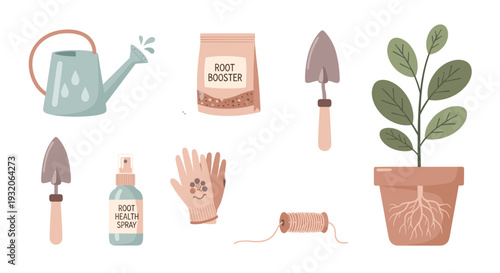 Gardening tools, plant care products, and potted plant elements are neatly arranged, showcasing essential items for successful home cultivation.