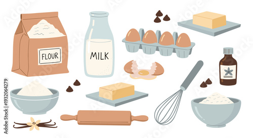 Baking ingredients and tools are essential for creating delicious homemade pastries, cakes, and other sweet treats, perfect for culinary projects.