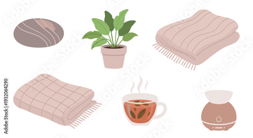 Cozy home comfort items collection illustration features various relaxing elements like blankets, a plant, a diffuser, and a warm cup of tea.