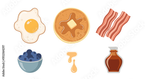 Delicious breakfast items including a fried egg, pancake, and bacon, alongside fresh blueberries and sweet maple syrup, presented in a vibrant cartoon vector style.