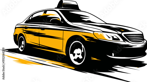 A side view of a yellow and black taxi with a roof light, stylized graphic on a white background