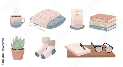 Cozy home items collection for a comfortable and relaxing atmosphere, showcasing essentials like a steaming mug, books, candle, and soft textiles.