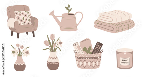 Cozy home decor elements in a charming flat illustration style, perfect for creating a warm and inviting atmosphere in any living space.