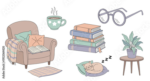 Cozy home living room elements are beautifully illustrated in a charming, hand-drawn style, perfect for relaxation and comfort themes.