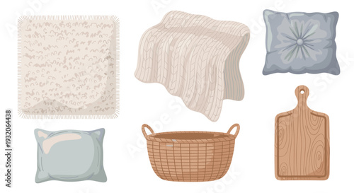 Various household items for comfortable living spaces including soft textiles, a rustic basket, and a wooden cutting board, presented in a charming illustration.