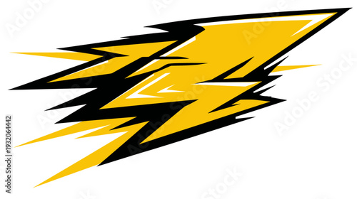 A dynamic, stylized graphic featuring a yellow and black lightning bolt shape on a white background