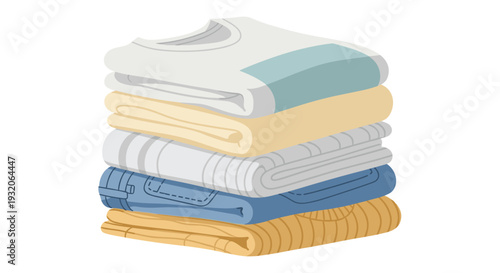 Stack of neatly folded clothes in various colors, including shirts, pants, and sweaters, symbolizing domestic chores and tidiness.