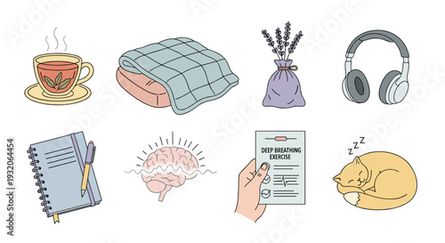 Essential relaxation tools and wellness elements for promoting mental health, reducing stress, improving sleep, and encouraging self-care practices.