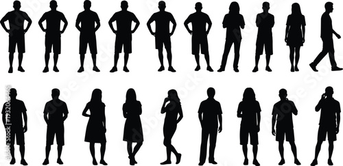 Silhouettes of diverse people standing, walking, male and female figures, casual poses, phone use, hands in pockets, vector illustration, human design