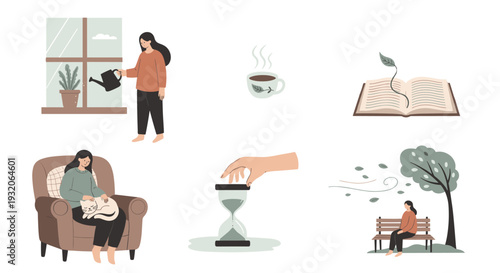 Mindful self-care activities for relaxation and well-being, including watering plants, reading, enjoying tea, and spending time in nature.