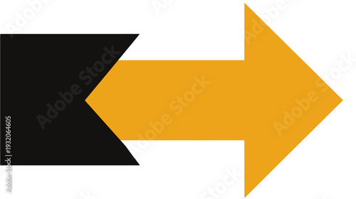 A modern directional sign, split by black left element and a right-pointing, orange arrow