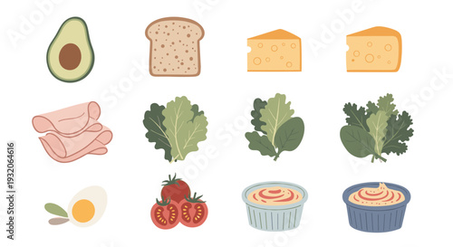 Collection of fresh food ingredients for healthy eating and meal preparation, featuring vegetables, protein, dairy, and bread, presented in a clean, illustrative style.