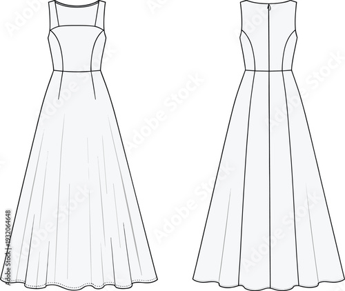 Technical flat sketch of sleeveless floor-length dress front and back views, fashion garment illustration with square neckline, princess seams, A-line silhouette, apparel construction drawing for