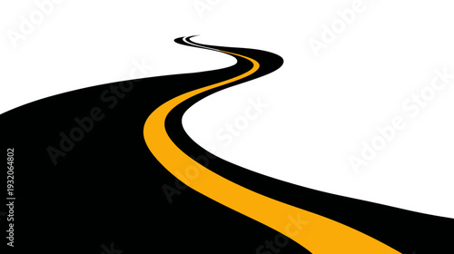 A winding black road with a yellow center line on a white background, leading off into the distance