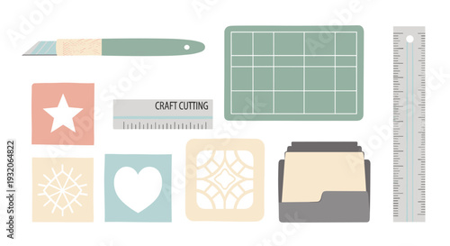 Craft cutting tools and supplies are essential items for various creative projects, including paper crafts, scrapbooking, and other DIY hobbies, presented in a flat lay style.