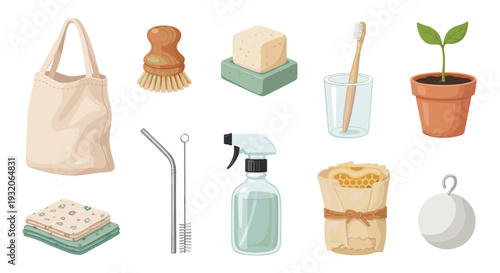 Eco-friendly products for a sustainable lifestyle are neatly arranged, showcasing a variety of reusable and natural items essential for daily living and reducing waste.