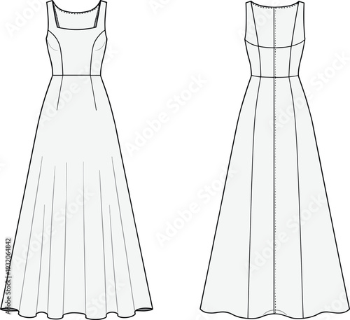 Technical flat sketch of sleeveless floor-length dress front and back views, fashion garment illustration with scoop neckline, fitted bodice, flared skirt, apparel construction drawing for 