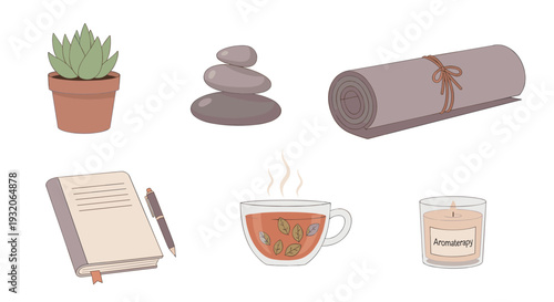 Various self-care and wellness items are depicted in a charming illustration, representing relaxation, mindfulness, and a healthy lifestyle.