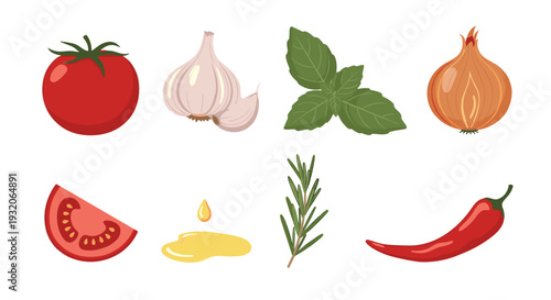 Fresh cooking ingredients for healthy Mediterranean cuisine preparation, including vegetables, herbs, and oil, presented in a vibrant flat design style.