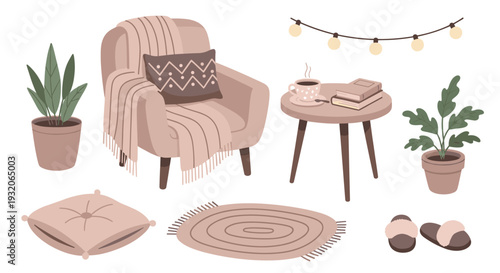 Cozy armchair and home decor elements create a comfortable and inviting atmosphere, perfect for a relaxing day at home with a warm drink and good book.