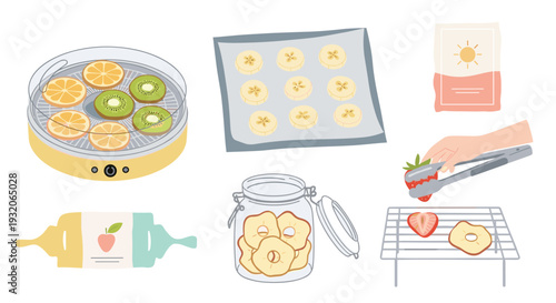 Various steps for preparing delicious dried fruit snacks, showcasing the entire process from slicing fresh produce to dehydrating and storing them in jars.