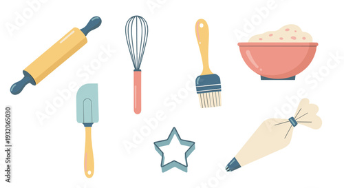 Baking tools and ingredients for delicious homemade treats, featuring a rolling pin, whisk, spatula, pastry brush, cookie cutter, piping bag, and a bowl of dough.