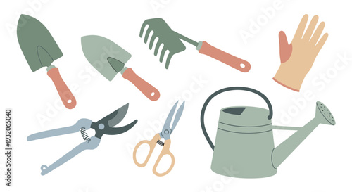 Gardening tools set featuring various essential equipment for planting, pruning, and watering in a charming, flat design illustration.