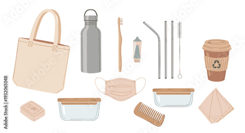 Various eco-friendly zero waste products for sustainable living, including reusable bags, bottles, straws, and containers, promoting environmental responsibility and conscious consumption.
