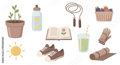 Healthy lifestyle objects collection for wellness and well-being, including fitness gear, fresh produce, and items for relaxation and growth.