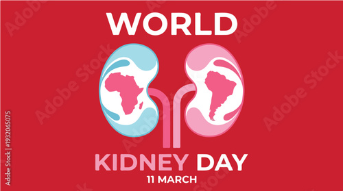A red poster with white text reading World Kidney Day on March 11 featuring stylized kidney illustrations