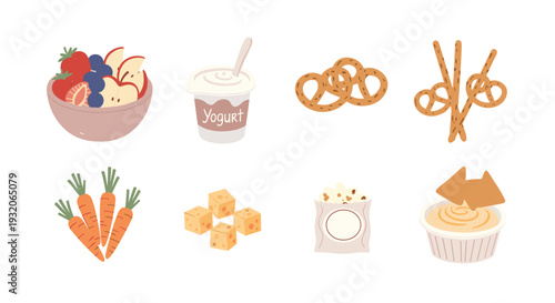 Various delicious healthy and unhealthy snack items are presented in a charming flat cartoon illustration style, perfect for food-related designs and educational materials.
