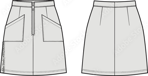 Technical flat sketch of A-line skirt front and back views, fashion garment illustration with zipper, button closure, patch pockets, waistband, darts, apparel construction drawing for clothing design.