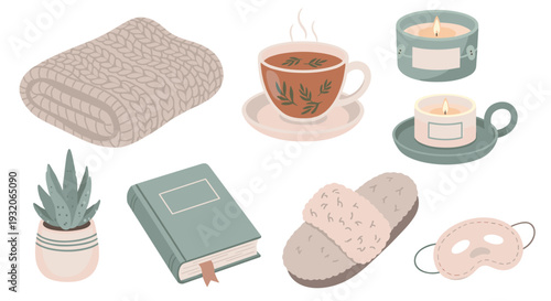 Cozy home comfort items collection featuring a warm knitted blanket, steaming tea, lit candles, a book, and fluffy slippers for ultimate relaxation.