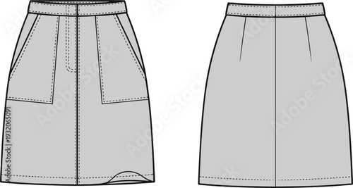 Technical flat sketch of straight skirt front and back views, fashion garment illustration with waistband, patch pockets, darts, seams, apparel construction drawing for clothing design.