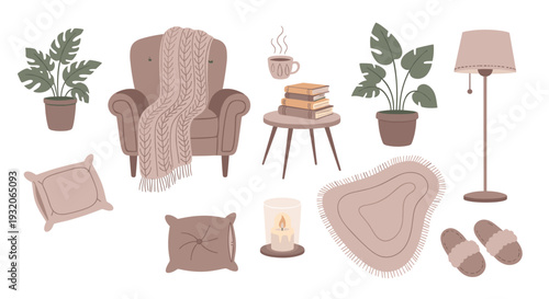Cozy home interior elements collection with armchair, plants, and books, creating a warm and inviting atmosphere for relaxation and comfort.