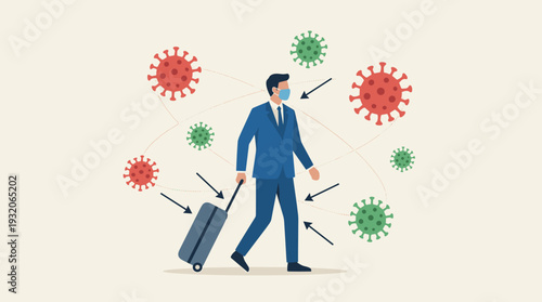 Businessman Traveler Wearing Face Mask Walking with Luggage Surrounded by COVID-19 Virus Particles and Arrows, Concept of Pandemic Impact on Global Business Travel, Tourism, and Health Safety.