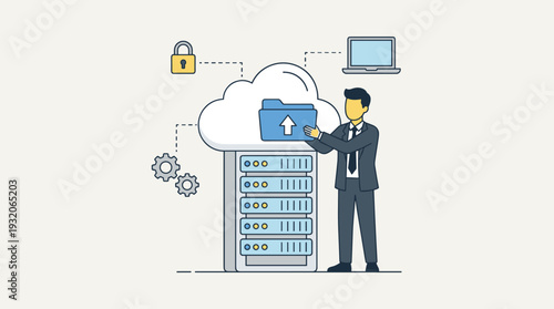 Businessman Uploading Folder to Cloud Server for Internet Hosting, Online File Management, and Digital Information Storage, Representing Data Security and Modern Cloud Computing Technology Concept