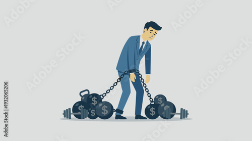 Businessman in Suit Chained to Heavy Debt Ball Weights with Dollar Signs Symbolizing Financial Burden, Economic Struggle, Bankruptcy, Corporate Stress, and the Trap of High Interest Loans.