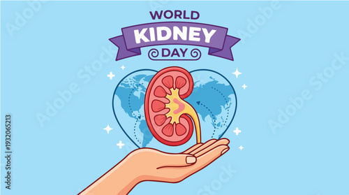 An illustrated hand holding a kidney with a globe in a heart on World Kidney Day with a light blue background