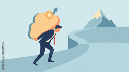 Motivational vector illustration of a businessman carrying a heavy cloud with a star and upward arrow towards a mountain peak, symbolizing ambition, hard work, high expectations, and success.