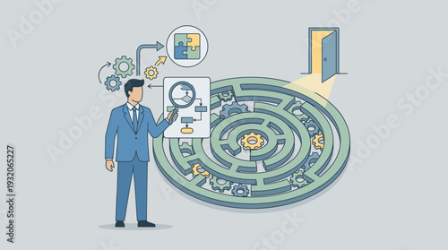 Businessman Finding Solution and Exit from Crisis Concept. Professional Man Solving Complex Problem in a Maze with Gears and Flowchart. Strategy for Success and Business Growth Illustration.